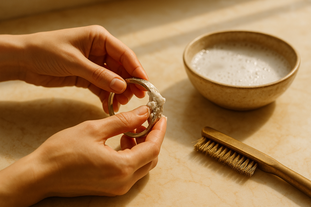 Hands cleaning silver jewelry with baking soda paste on marble counter.
