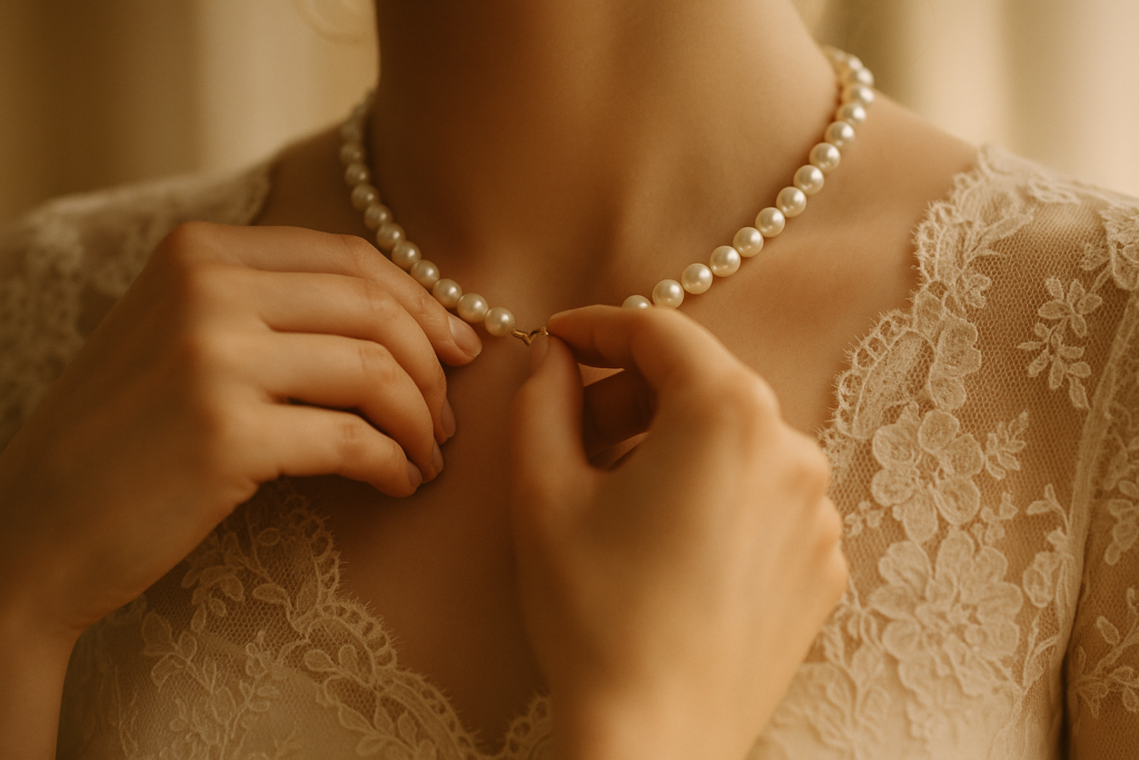Hands fasten pearl necklace against lace neckline under warm light
